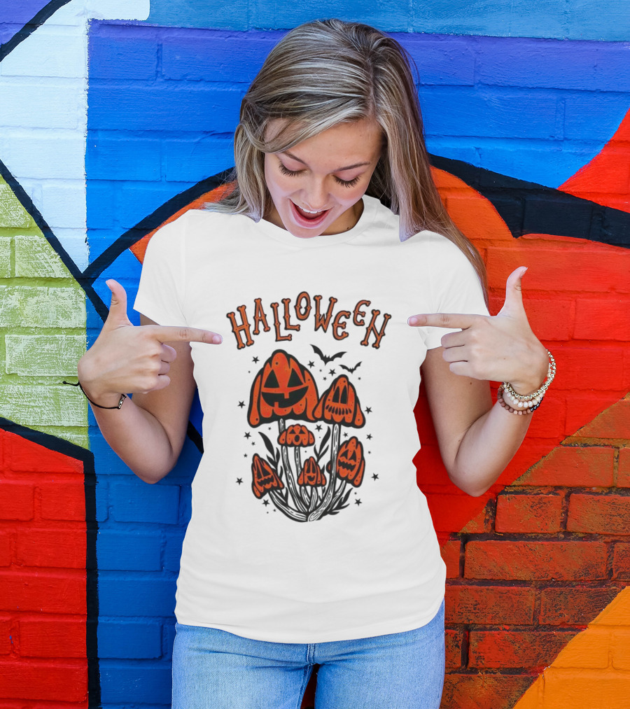 Halloween Pumpkin Mushrooms With Bats And Stars T-Shirt