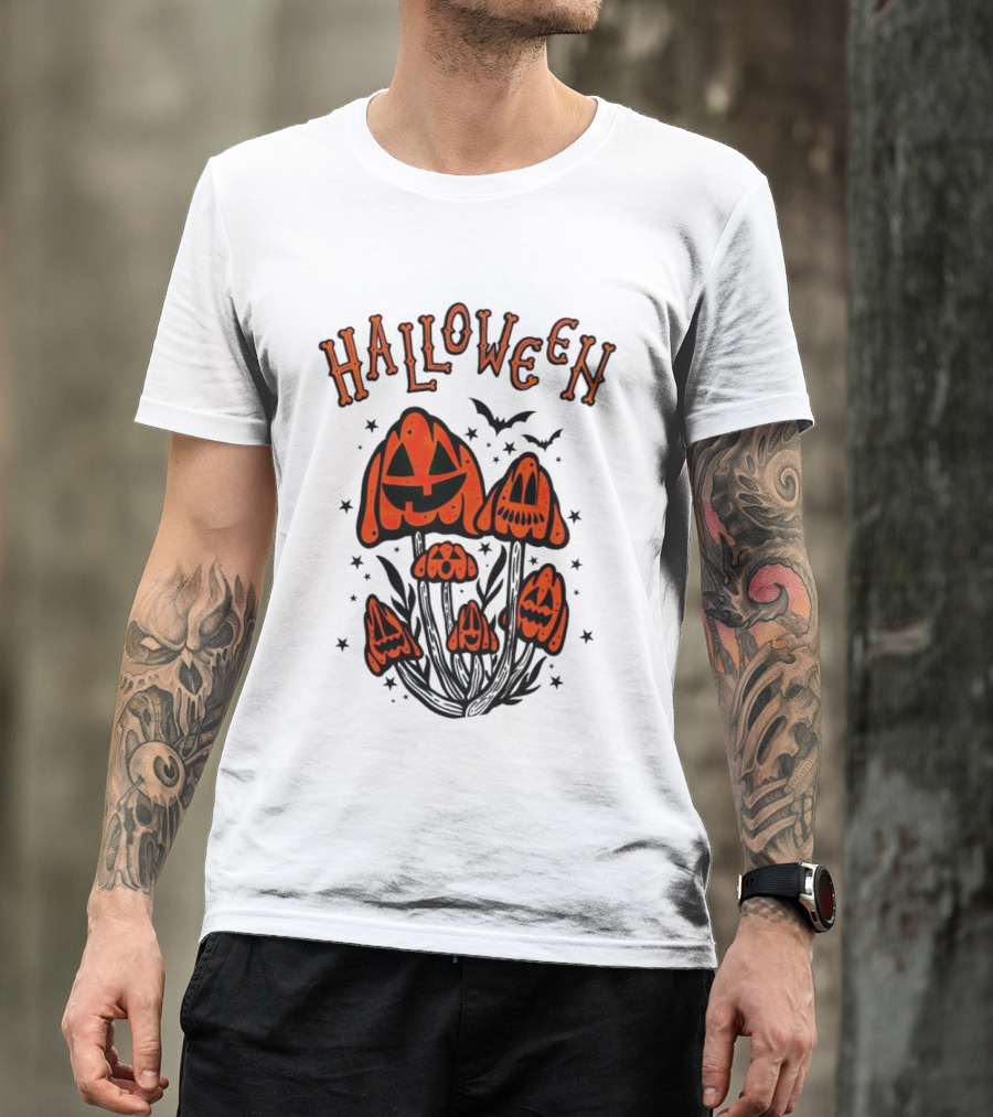 Halloween Pumpkin Mushrooms With Bats And Stars T-Shirt