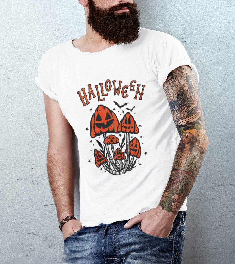 Halloween Pumpkin Mushrooms With Bats And Stars T-Shirt