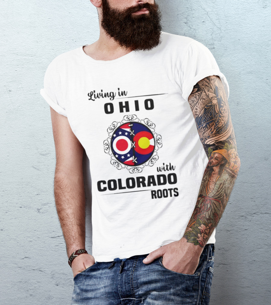Living In Ohio With Colorado Roots State Flag Circle T-Shirt