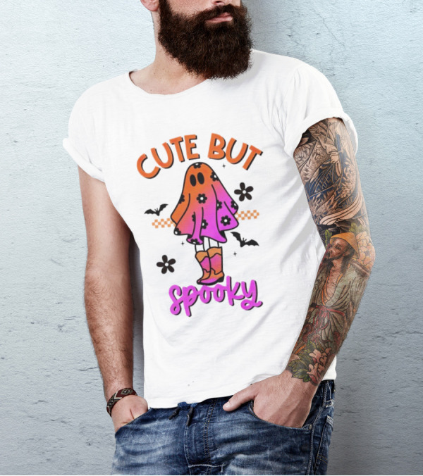 Cute But Spooky Halloween Ghost With Bat And Floral Boot Accents T-Shirt