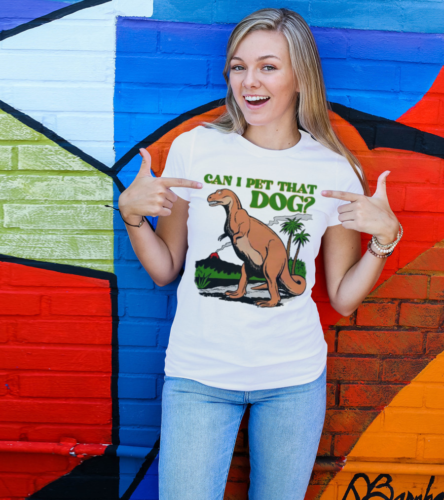 Can I Pet That Dog Dinosaur Volcano And Palm Trees T-Shirt