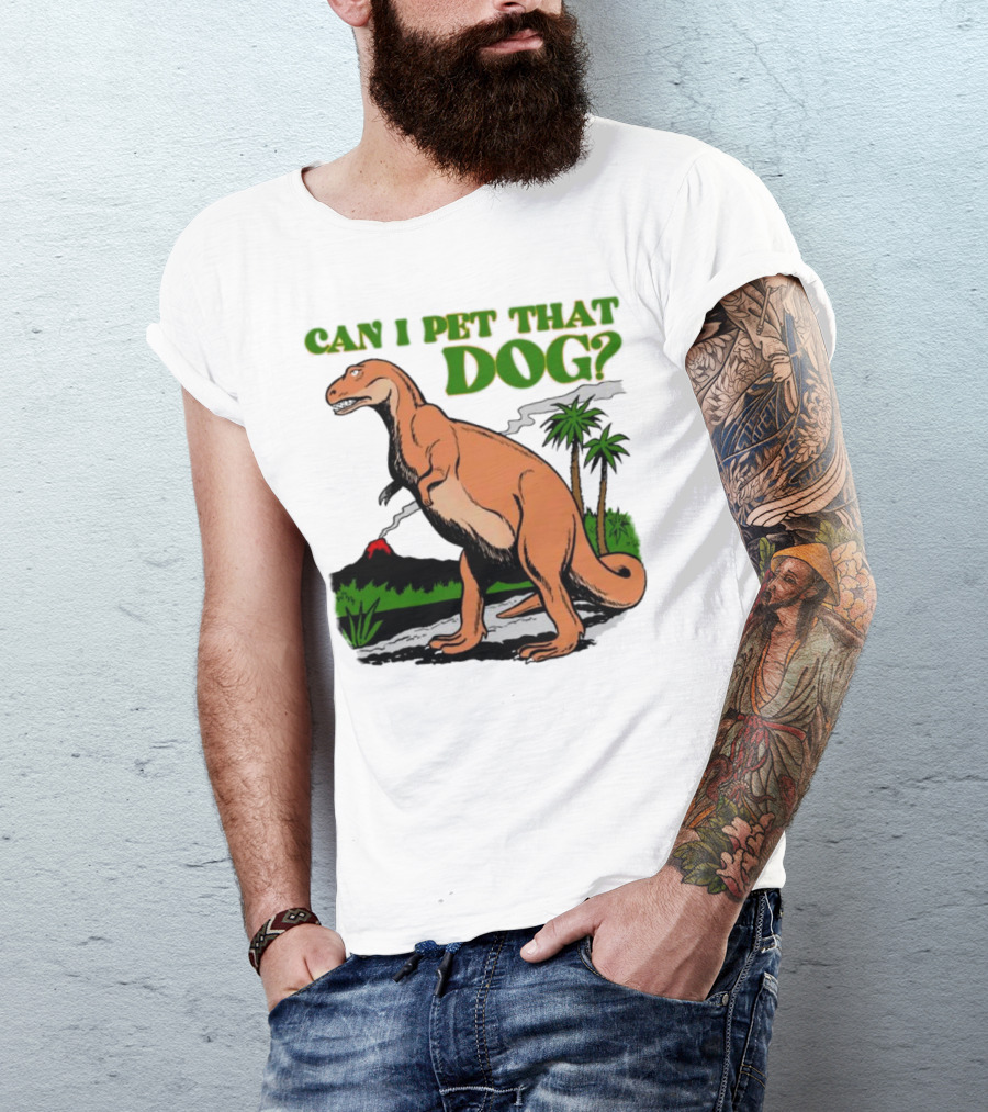 Can I Pet That Dog Dinosaur Volcano And Palm Trees T-Shirt