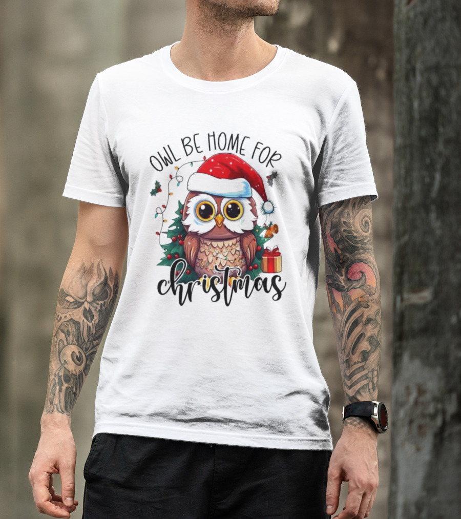 Owl Be Home For Christmas Santa Hat Owl Festive Lights Gift Box T-Shirt