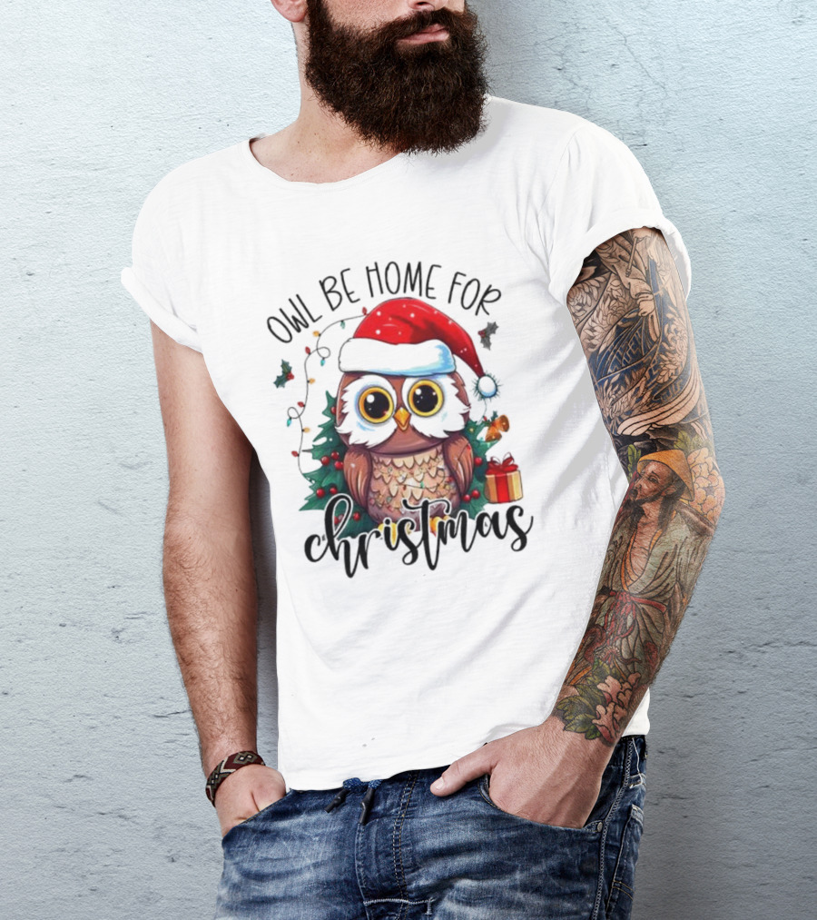 Owl Be Home For Christmas Santa Hat Owl Festive Lights Gift Box T-Shirt