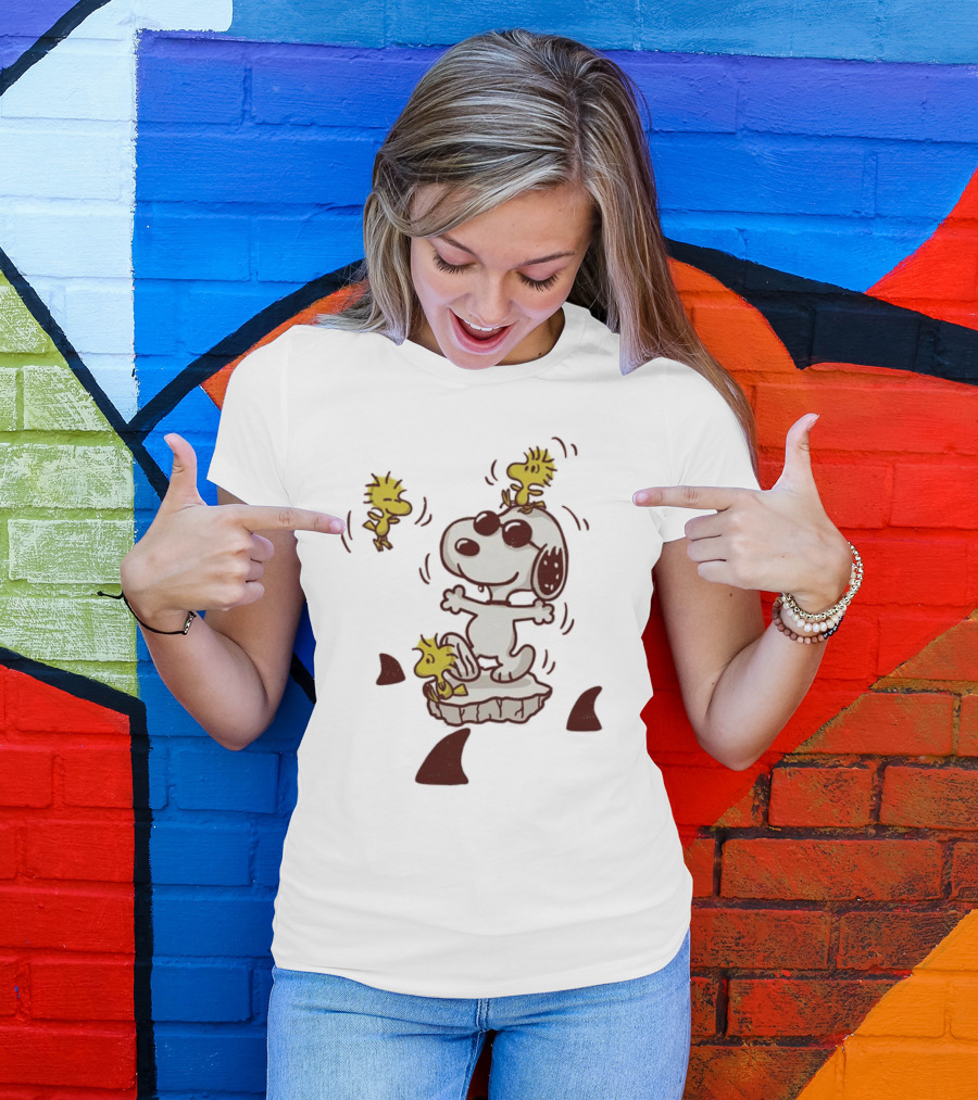 Snoopy And Woodstock Peanuts Dangerous Waters Shark Alert T-Shirt