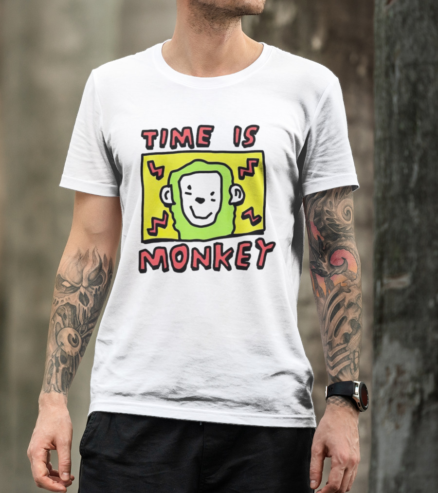 Time Is Monkey Green Highlighted Cartoon Face With Zigzag Lines T-Shirt