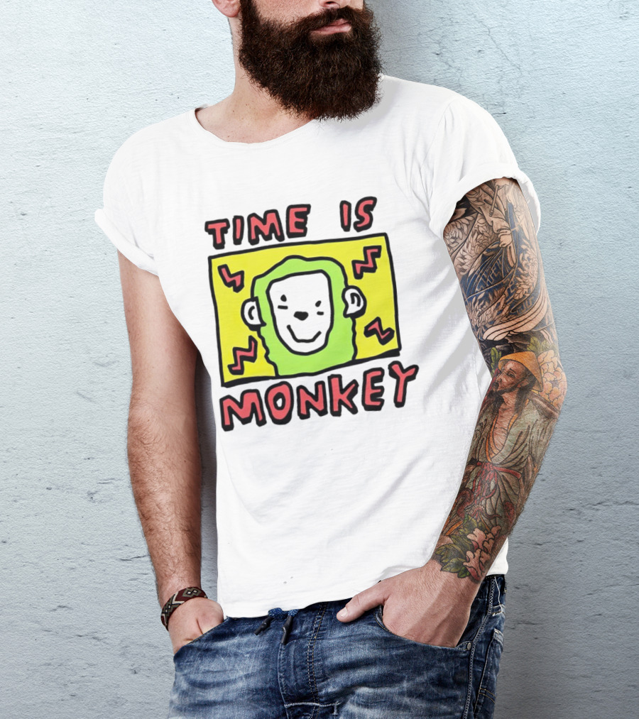 Time Is Monkey Green Highlighted Cartoon Face With Zigzag Lines T-Shirt