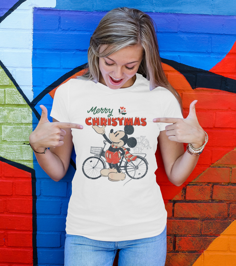 Mickey Mouse Merry Christmas Bicycle Holiday Cheer T-Shirt
