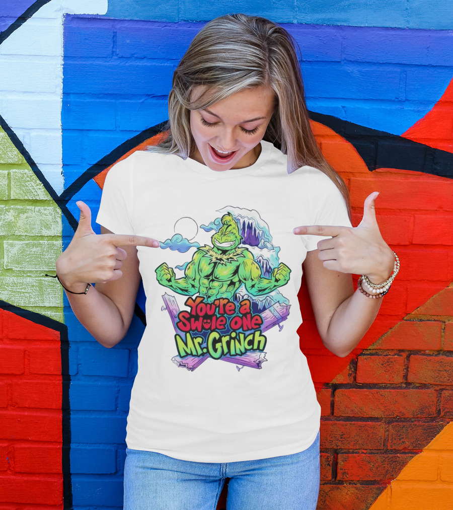 You’re A Swole One Mr Grinch Fitness Muskula Green Character With Frosted Mountain Background T-Shirt