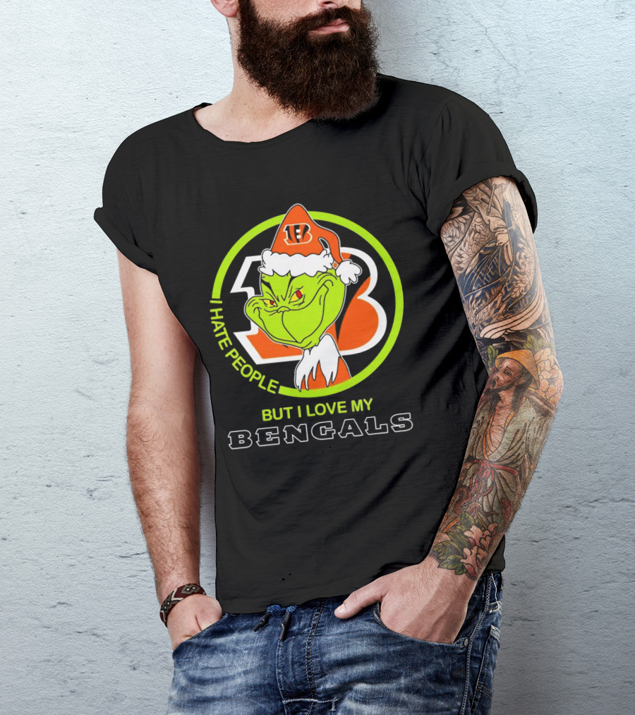 Grinch Santa Hat I Hate People But I Love My Bengals Football Fan T-Shirt