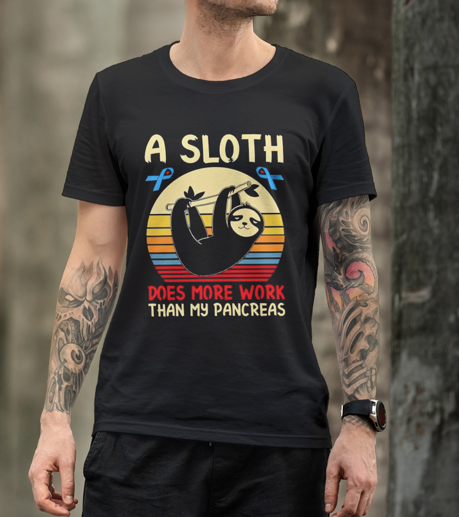 A Sloth Does More Work Than My Pancreas Vintage Style With Blue Diabetes Awareness Ribbons T-Shirt
