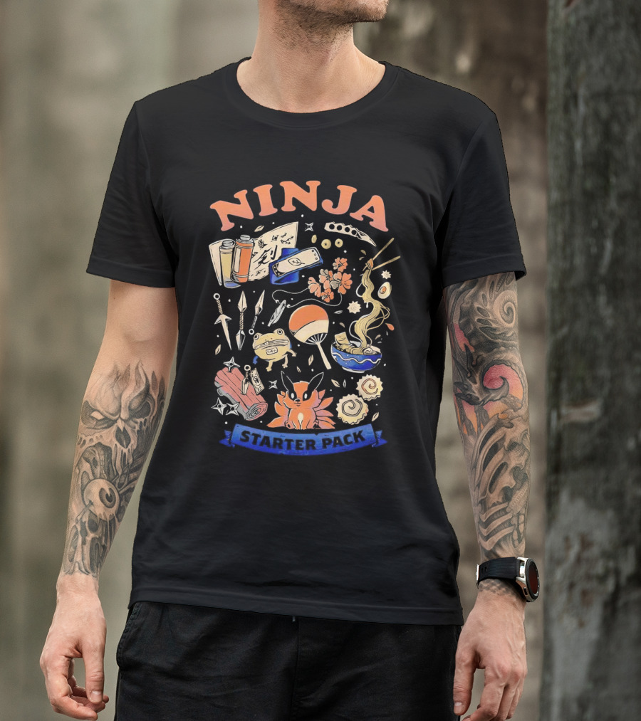 Ninja Starter Pack Kunai Scrolls Shuriken Ramen Chopsticks Anime Fox Pokeball T-Shirt