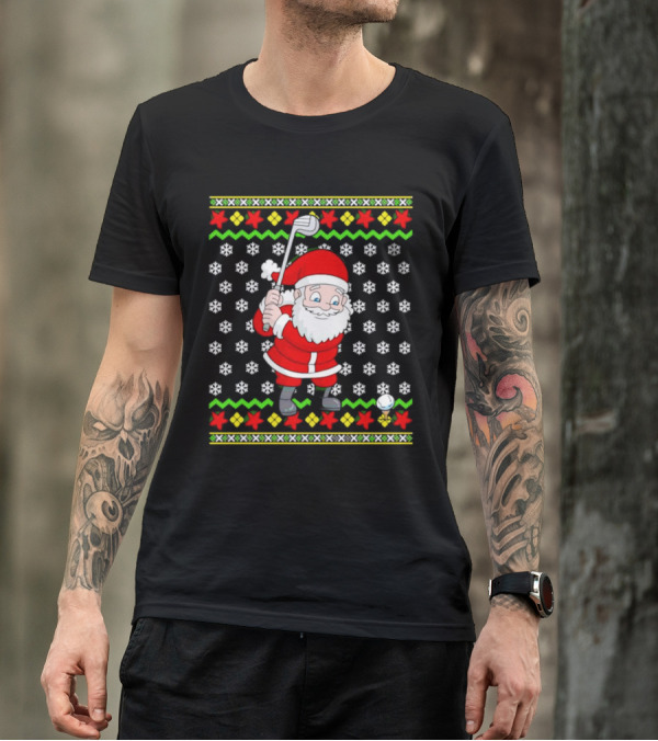 Santa Golfing Christmas Snowflakes Ugly T-Shirt