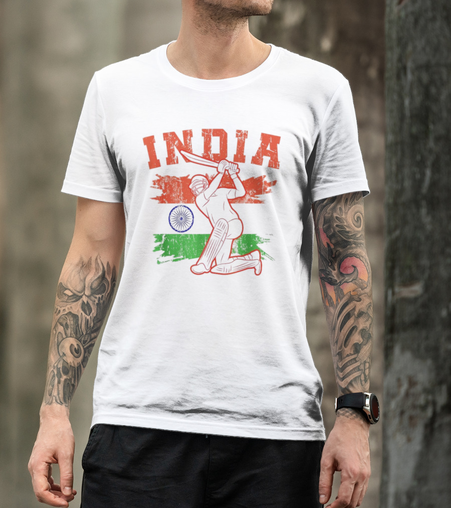 India Cricket Enthusiasts Batting Action With Ashoka Chakra T-Shirt