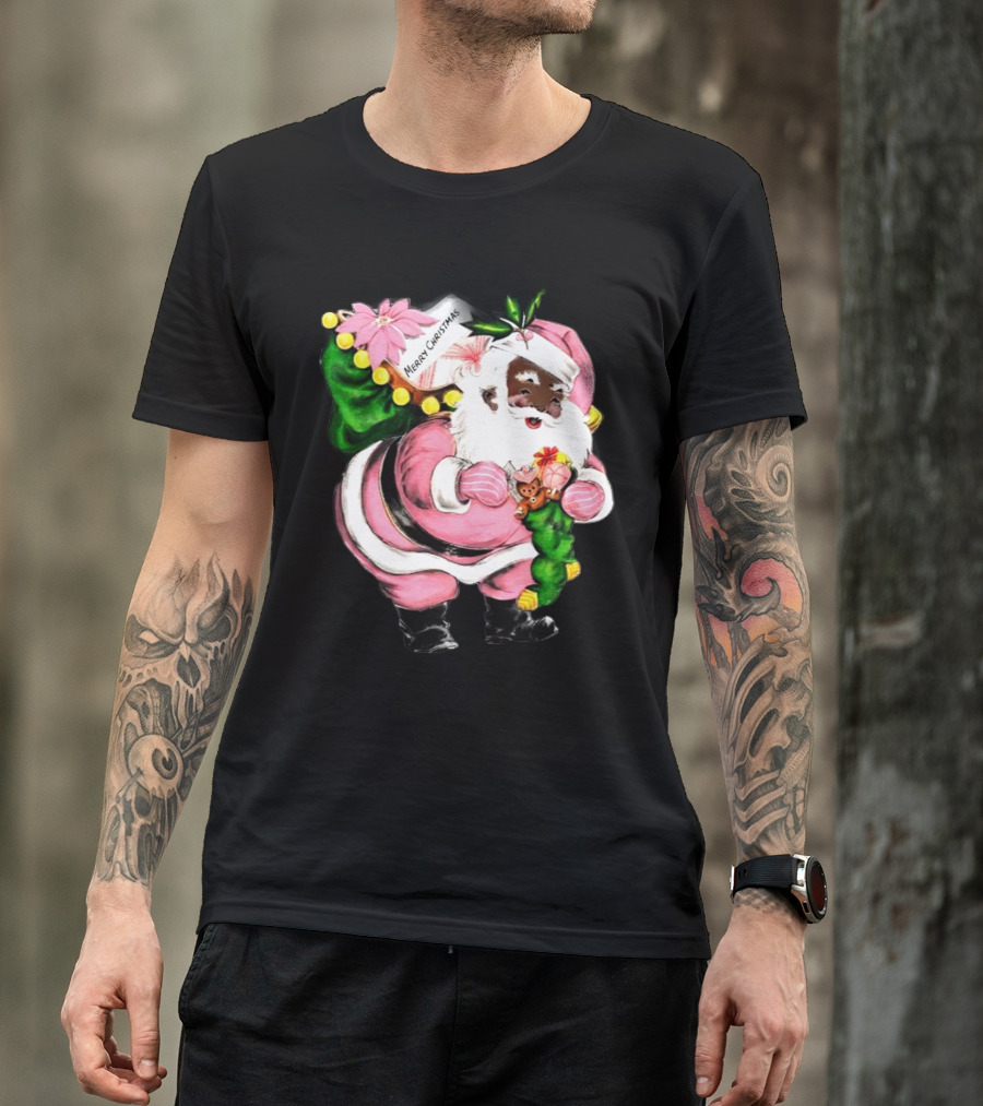 Merry Christmas Pink African-American Black Santa Claus With Gifts T-Shirt