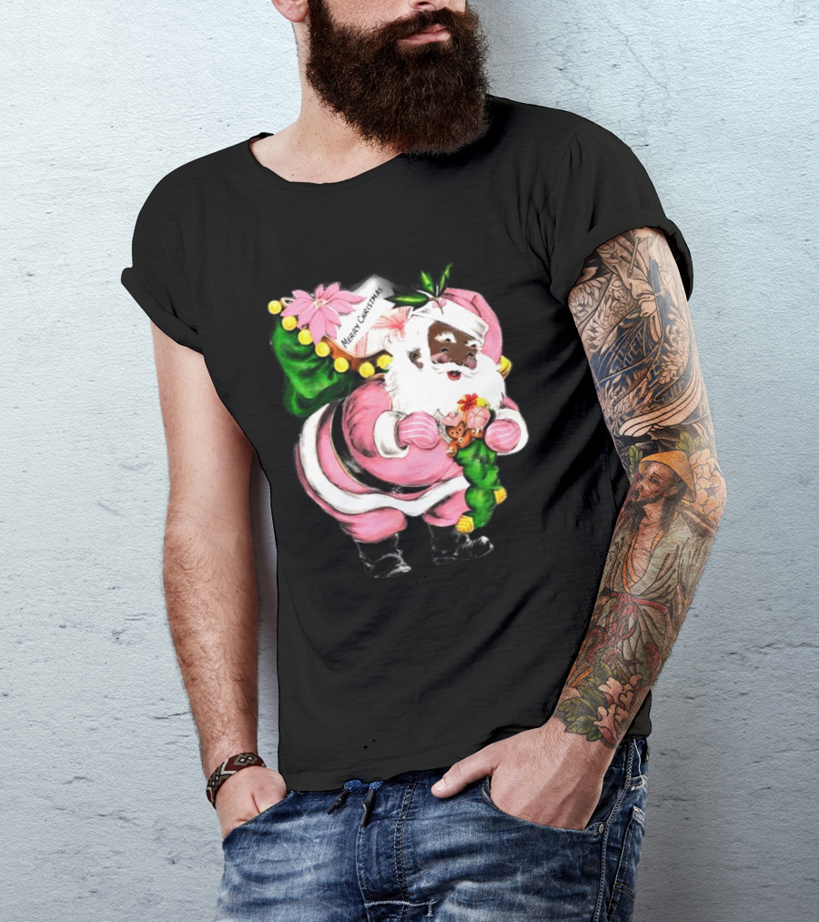 Merry Christmas Pink African-American Black Santa Claus With Gifts T-Shirt