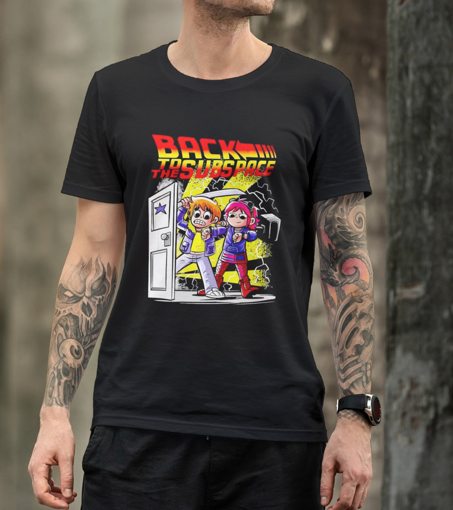 Back To The Subspace Scott Pilgrim And Ramona With Retro Door And Lightning T-Shirt