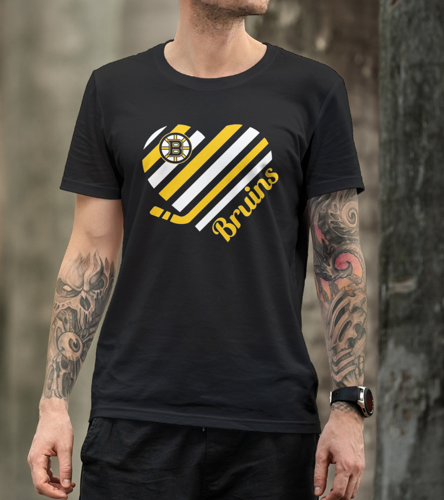 Boston Bruins Stripes Heart With Hockey Stick T-Shirt