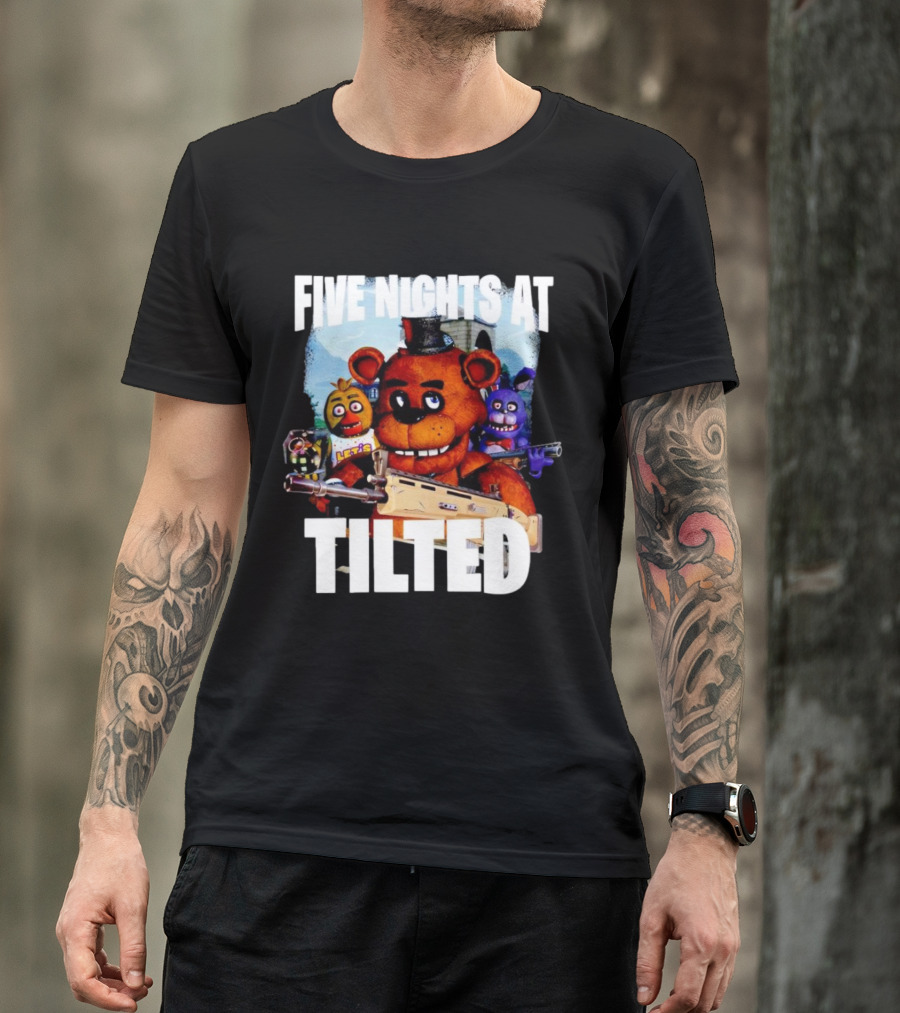 Five Nights At Tilted Freddy Bear Characters With Guns T-Shirt