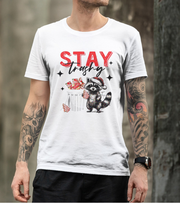 Stay Trashy Christmas Raccoon Santa Hat Trash Can Holiday Cheer T-Shirt