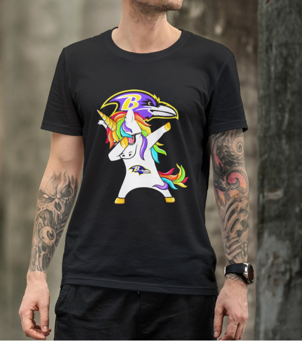 Unicorn Dabbing With Baltimore Ravens Logo And Rainbow Mane T-Shirt