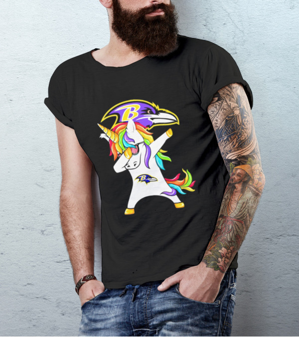 Unicorn Dabbing With Baltimore Ravens Logo And Rainbow Mane T-Shirt