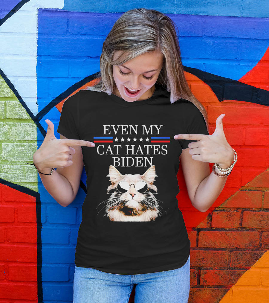 Even My Cat Hates Biden Stars And Stripes Sunglasses Cat T-Shirt