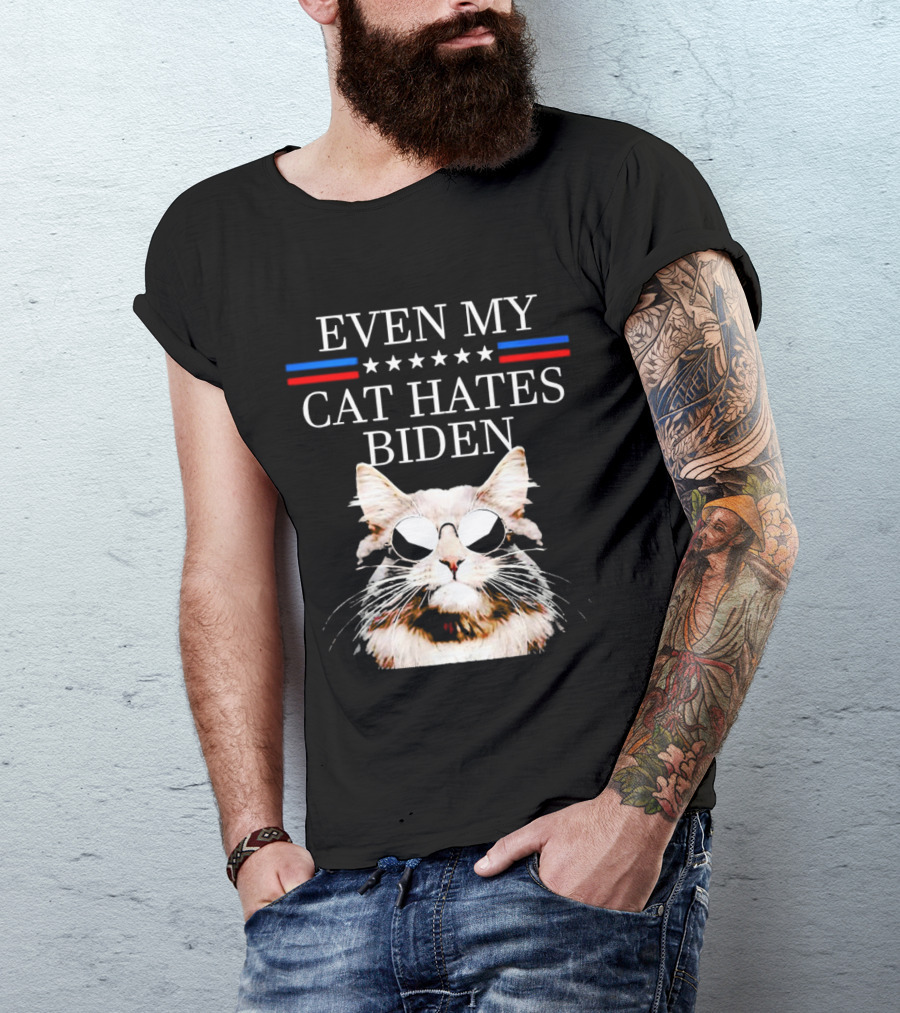 Even My Cat Hates Biden Stars And Stripes Sunglasses Cat T-Shirt