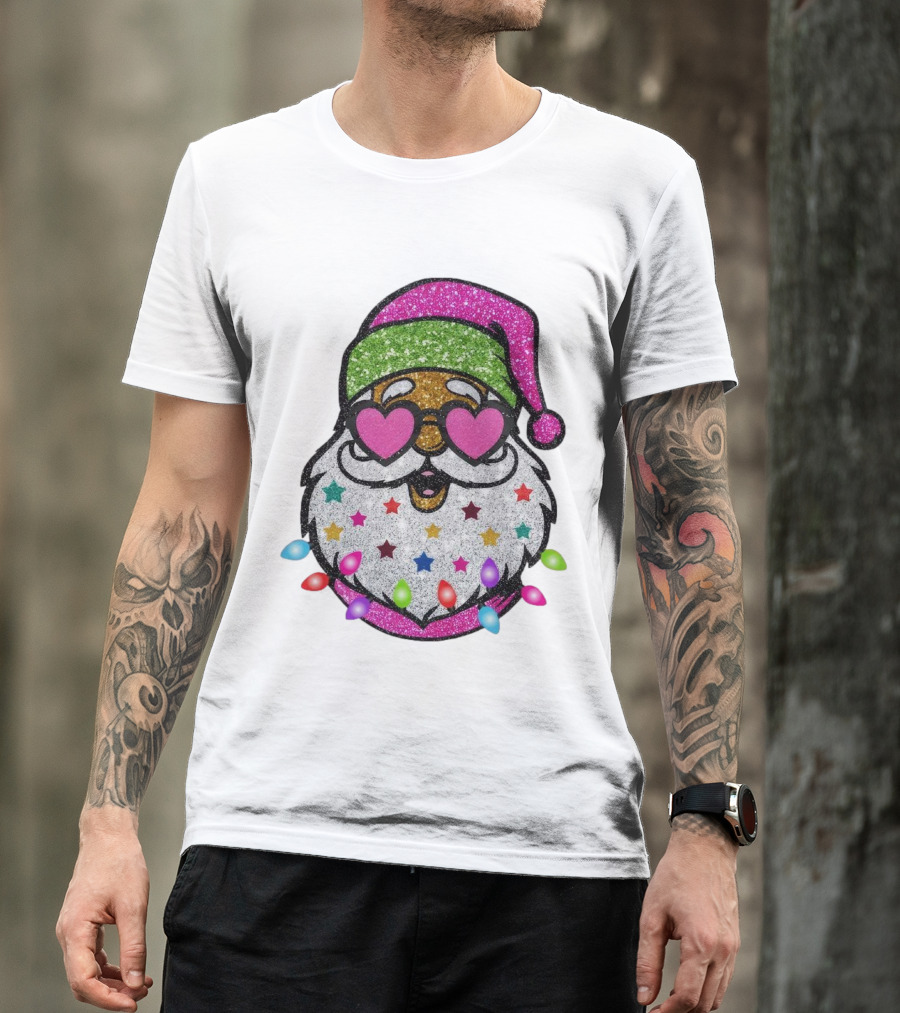 Glittery Pink Santa Claus With Heart Sunglasses And Colorful Stars And Holiday Lights T-Shirt
