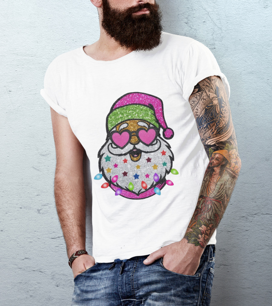 Glittery Pink Santa Claus With Heart Sunglasses And Colorful Stars And Holiday Lights T-Shirt