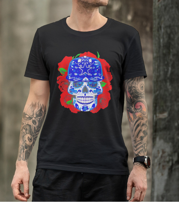 Dallas Cowboys Sugar Skull With Blue Star Hat And Roses T-Shirt