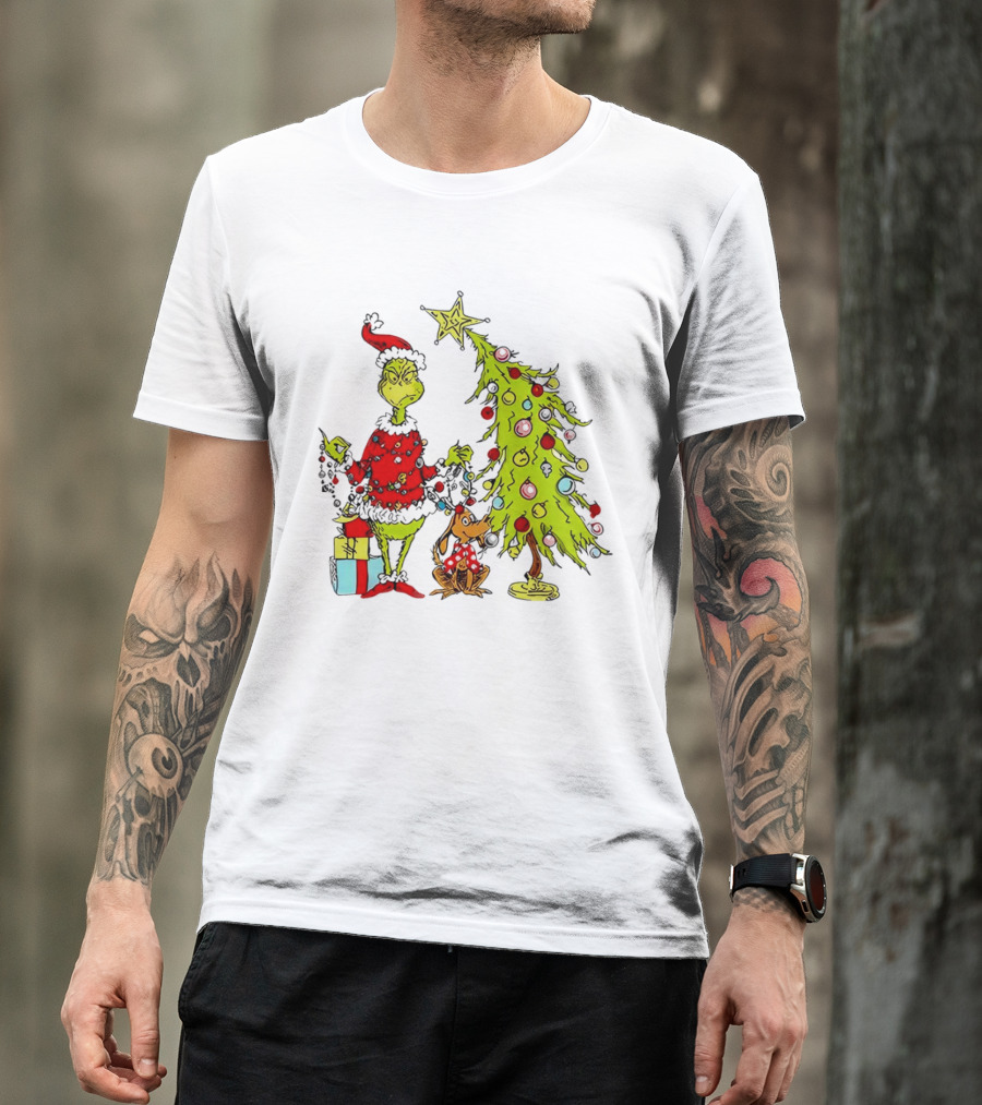 Grinch In Santa Hat And Dog With Christmas Tree And Presents T-Shirt