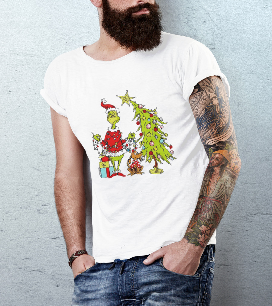 Grinch In Santa Hat And Dog With Christmas Tree And Presents T-Shirt