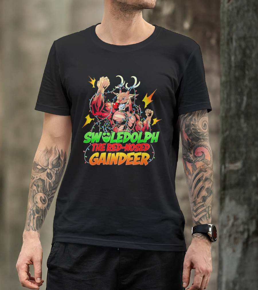 Swoledolph The Red-Nosed Gaindeer Christmas Lights Flexing T-Shirt