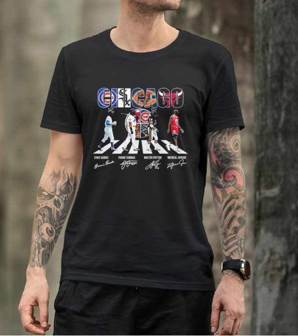 Chicago Cubs Bears Bulls Abbey Road Ernie Banks Frank Thomas Walter Payton Michael Jordan Signatures T-Shirt