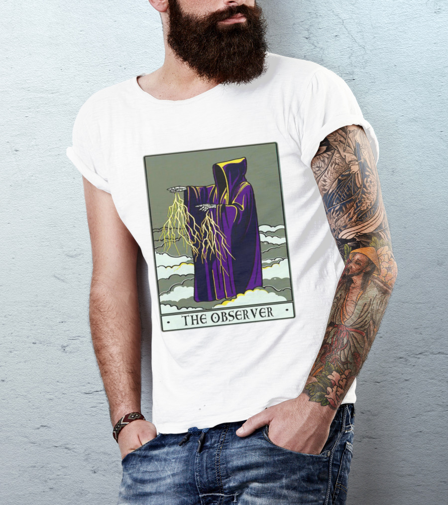 The Observer Hooded Figure With Lightning Tarot Card T-Shirt