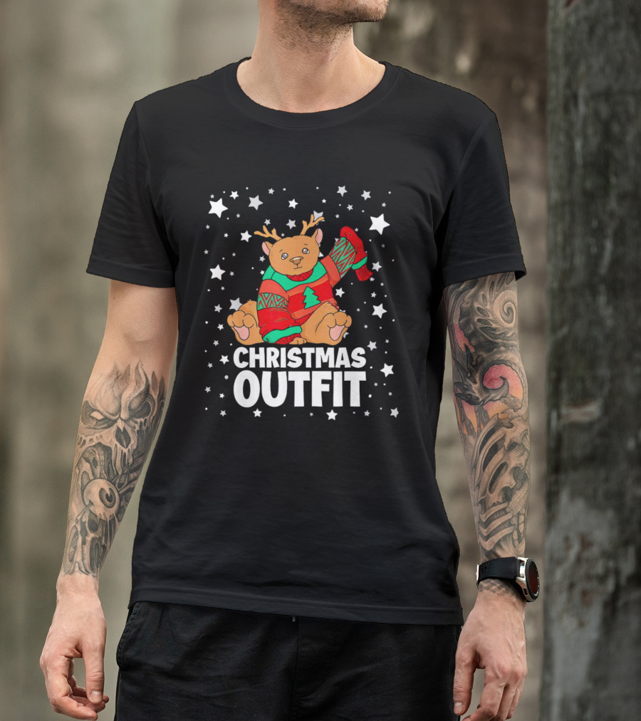 Bear Reindeer Christmas Outfit With Festive Sweater And Stars T-Shirt