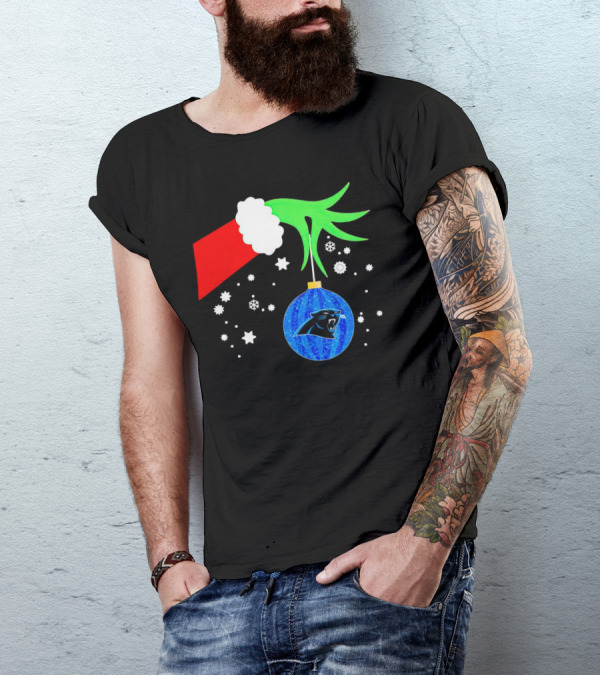 The Grinch Holding Carolina Panthers Christmas Ornament With Snowflakes T-Shirt