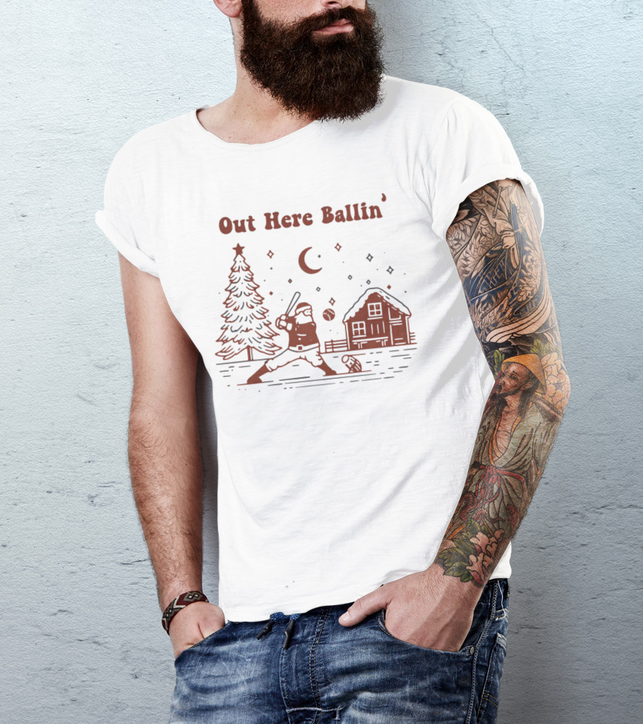 Out Here Ballin' Santa Playing Baseball Christmas Scene T-Shirt