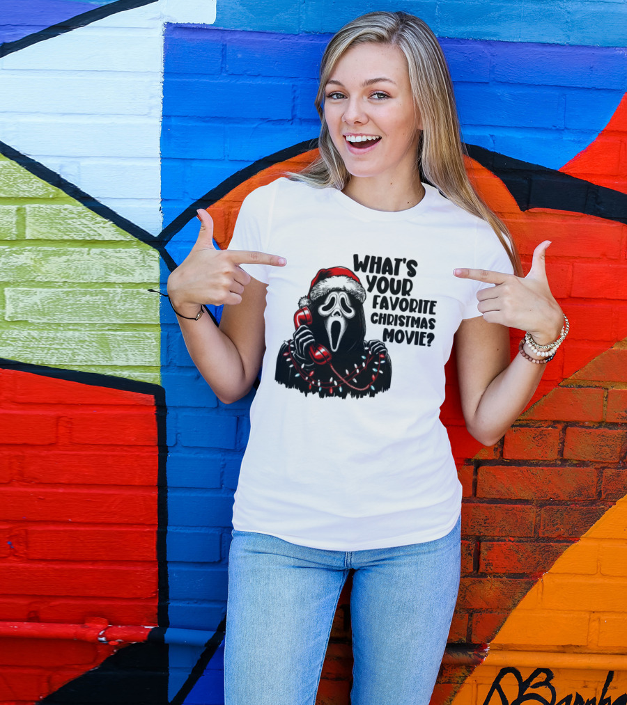Ghostface What's Your Favorite Christmas Movie Festive Horror Santa Hat Phone Lights T-Shirt