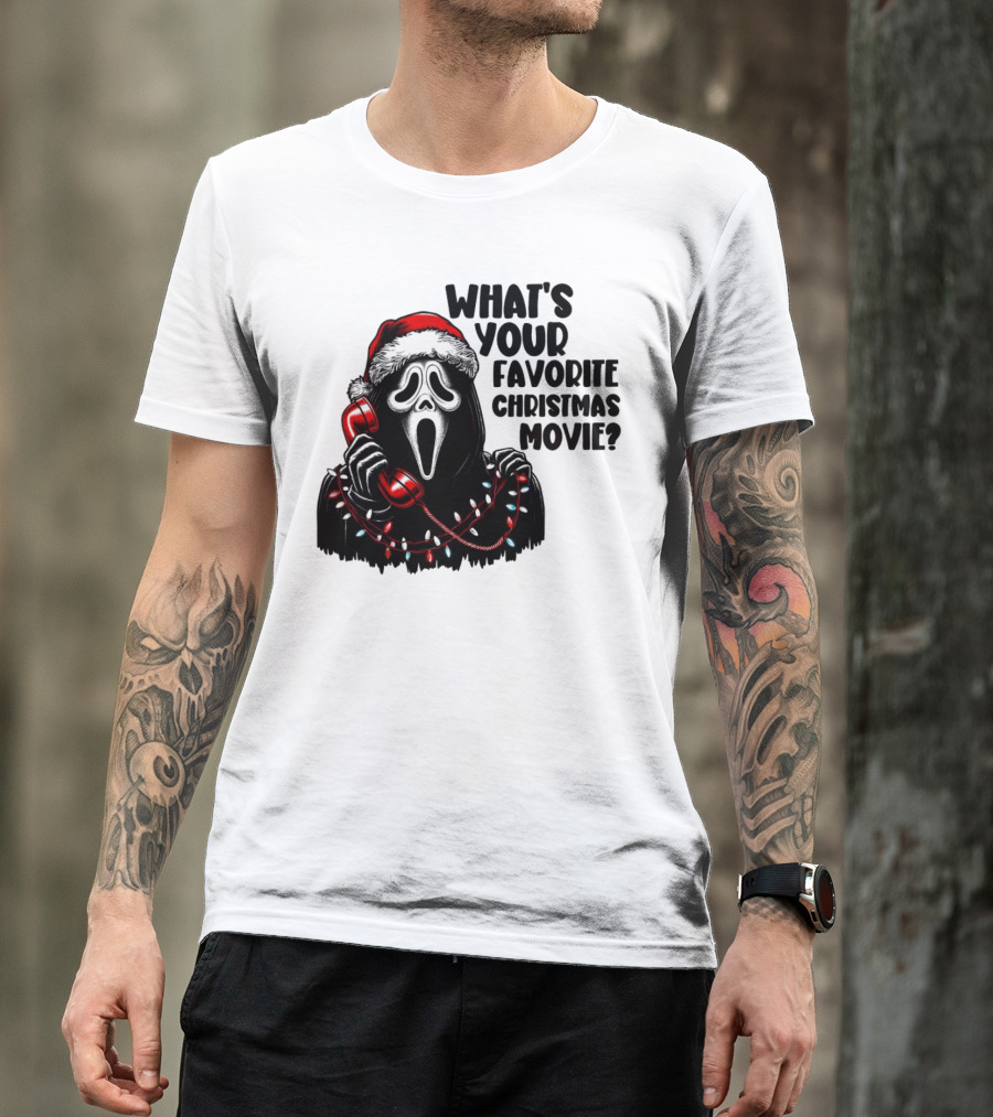 Ghostface What's Your Favorite Christmas Movie Festive Horror Santa Hat Phone Lights T-Shirt