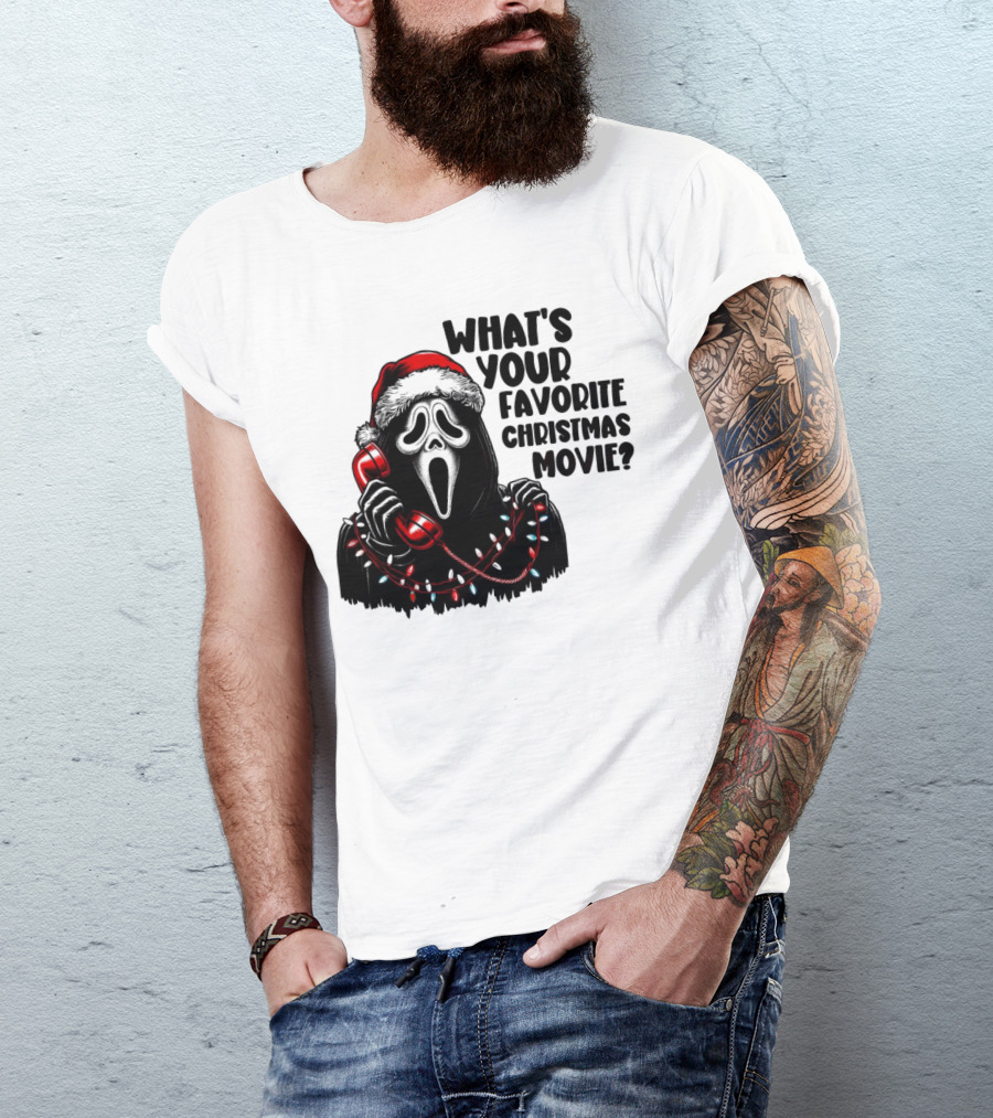Ghostface What's Your Favorite Christmas Movie Festive Horror Santa Hat Phone Lights T-Shirt