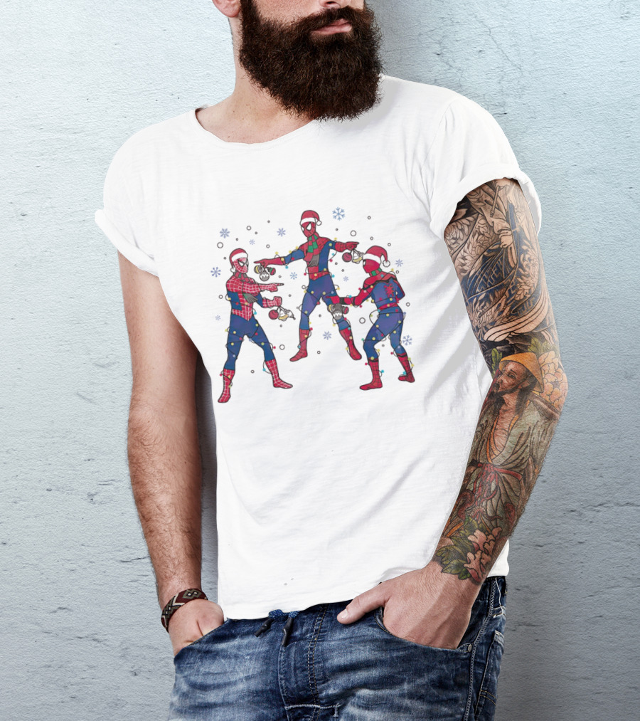 Funny Marvel Three Spiderman Meme Santa Christmas Lights Snowflakes T-Shirt