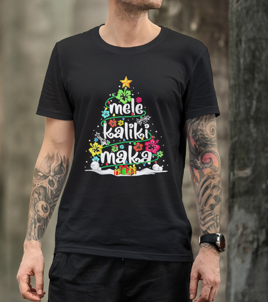 Mele Kalikimaka Christmas Tree With Flowers And Gifts T-Shirt