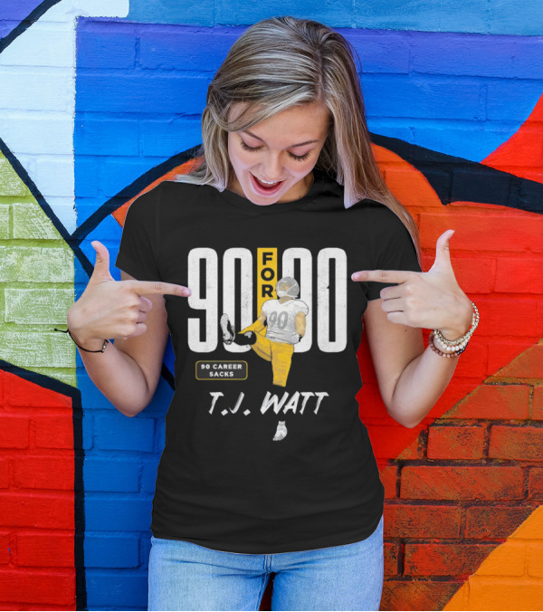 T.J. Watt 90 For 90 Career Sacks Pittsburgh Steelers Football Cartoon T-Shirt