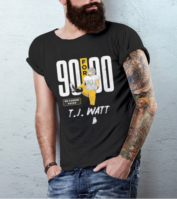 T.J. Watt 90 For 90 Career Sacks Pittsburgh Steelers Football Cartoon T-Shirt