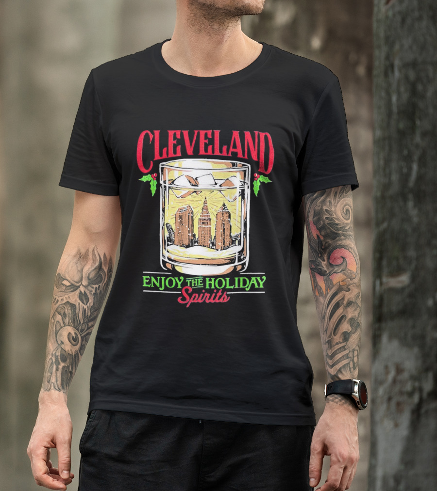 Cleveland Skyline In Whiskey Glass Enjoy The Holiday Spirits T-Shirt