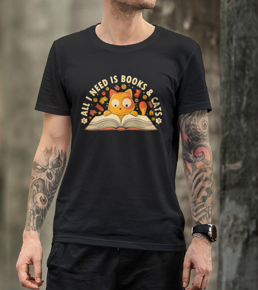 All I Need Is Books And Cats With Curious Feline And Open Book T-Shirt