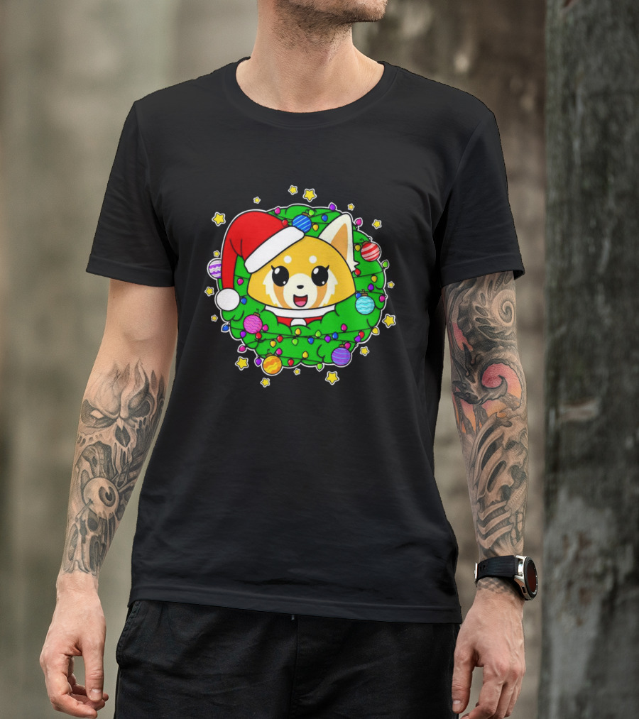 Aggressively Merry Christmas Kawaii Red Panda With Santa Hat In Holiday Wreath T-Shirt